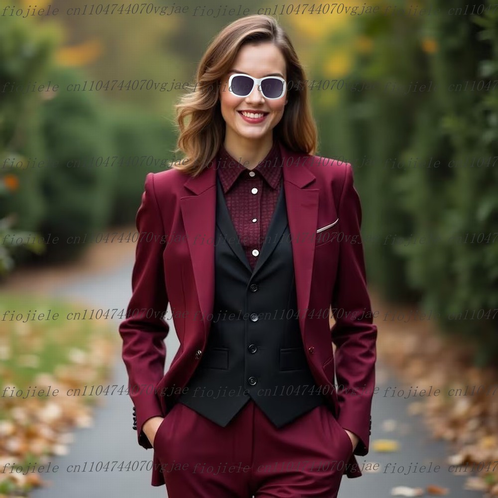 Blazer Set Women Formal - Burgundowy i czarny elegancki garnitur biznesowy