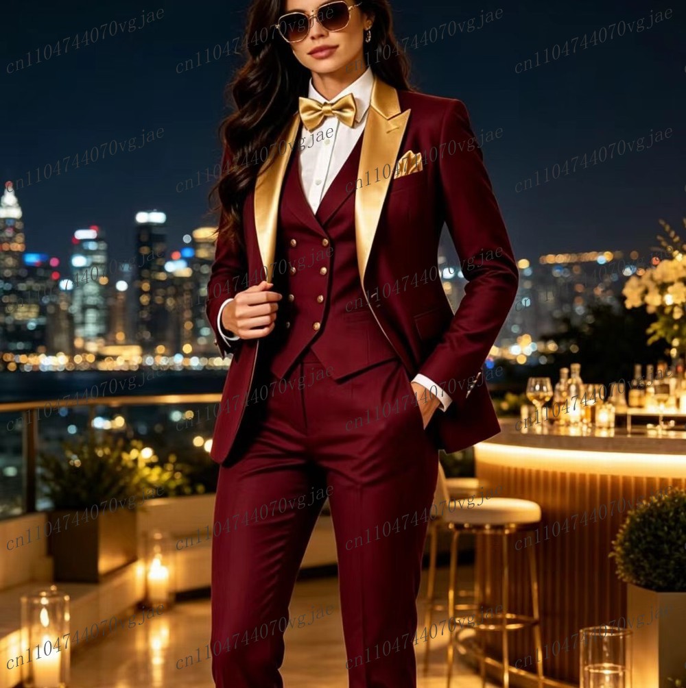 Blazer Set Women Formal - Złoty Kołnierzyk i Bordowy Elegancki Damski