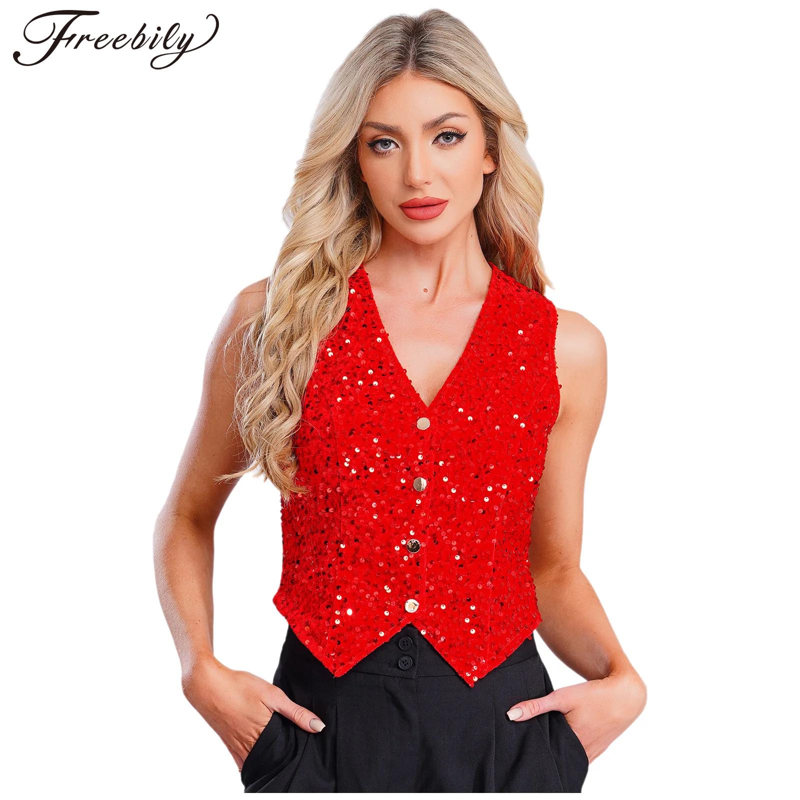 Women Formal Wear Vest - Damska błyszcząca kamizelka z cekinami, kostium