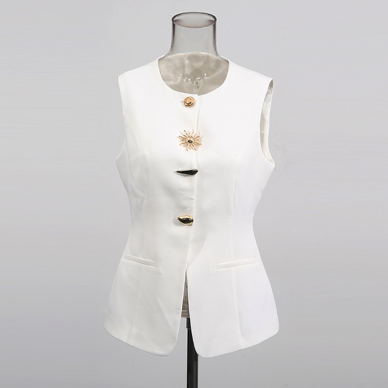 Women Formal Wear Vest - Biała kamizelka z okrągłym dekoltem, złote