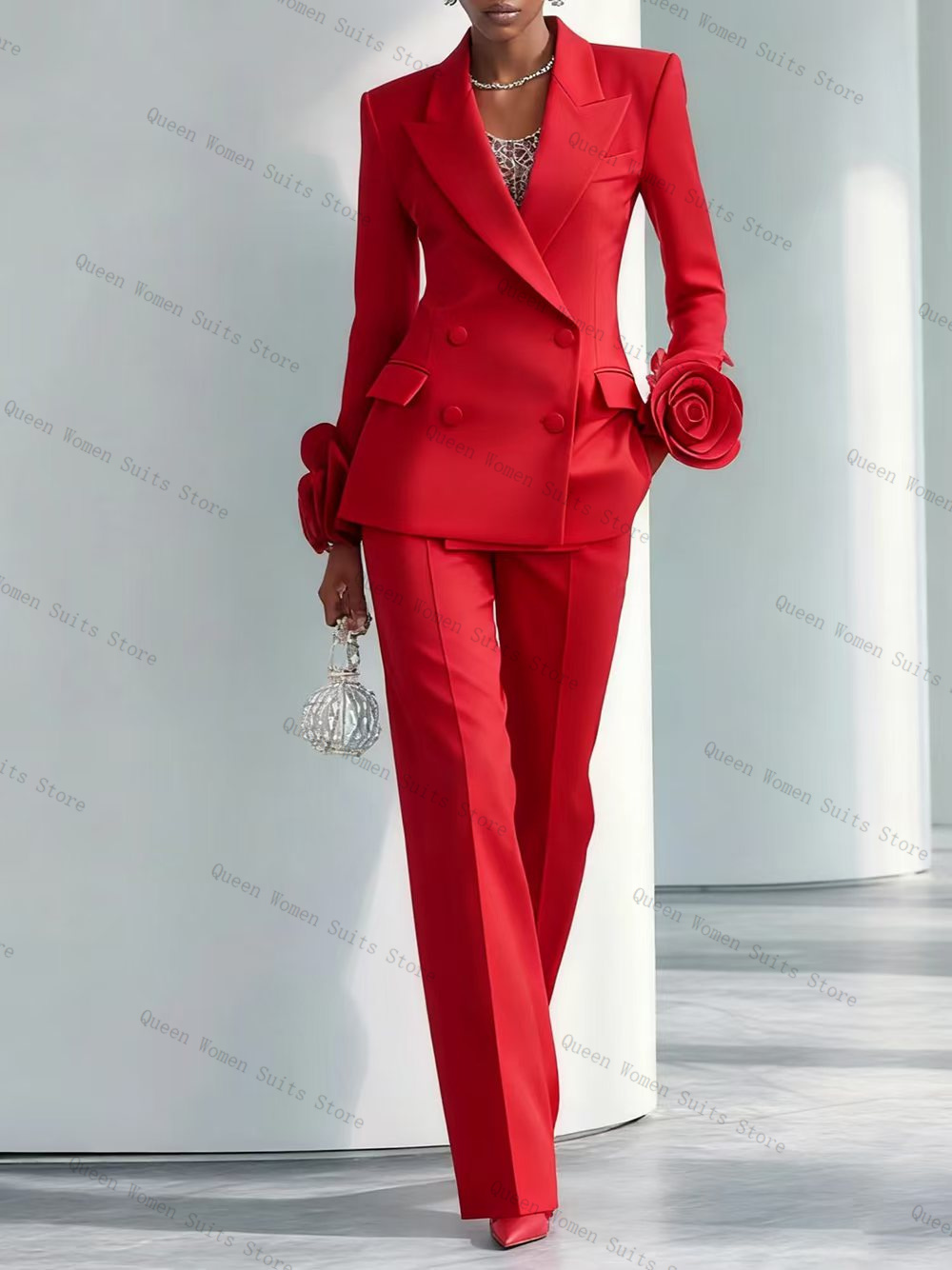 Women Formal Wear Coat - Luksusowy czerwony damski garnitur 2-częściowy: marynarka
