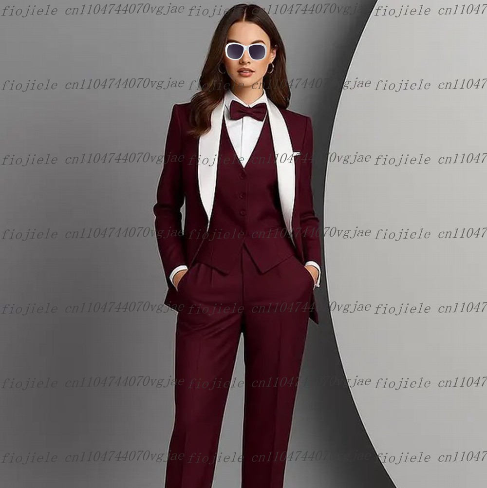 Blazer Set Women Formal - Biały burgundowy elegancki garnitur biznesowy damski