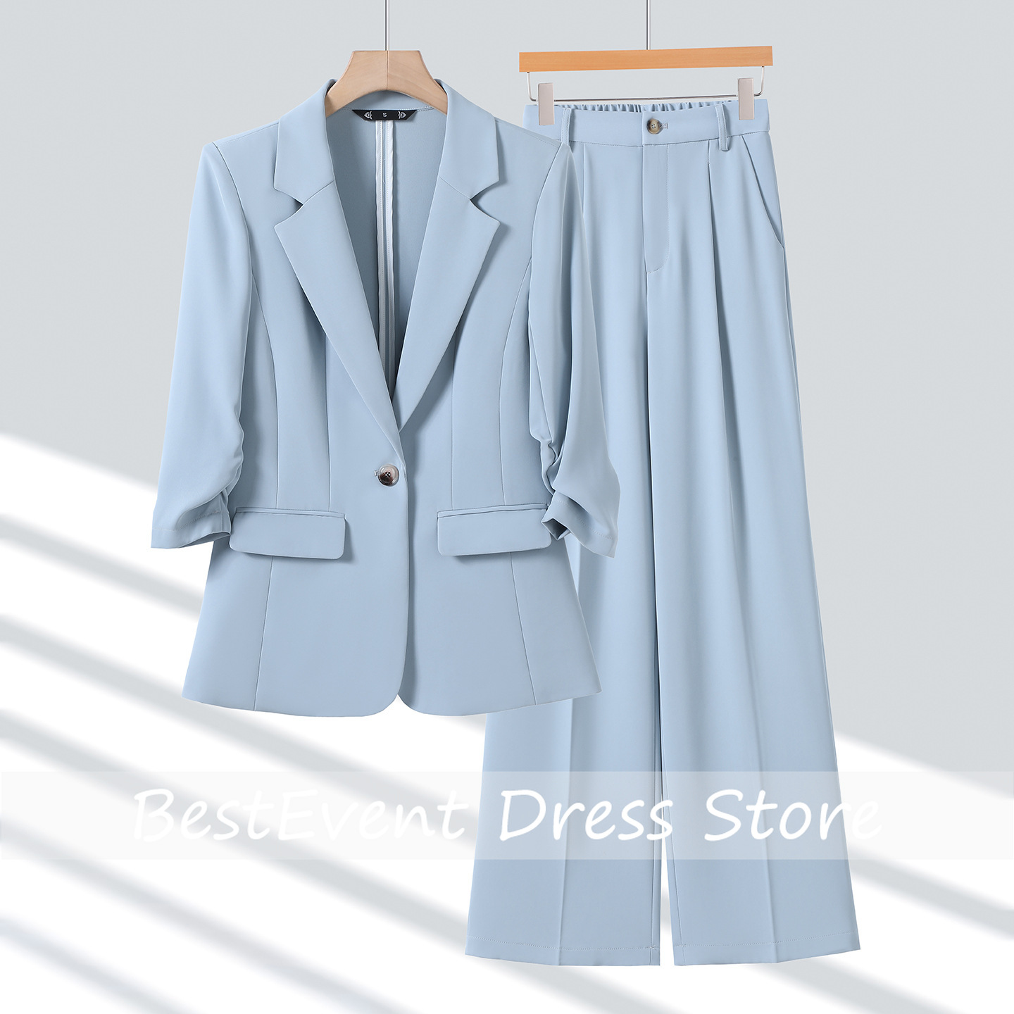 Blazer Set Women Formal - Jasnoniebieska damska marynarka w stylu casual,