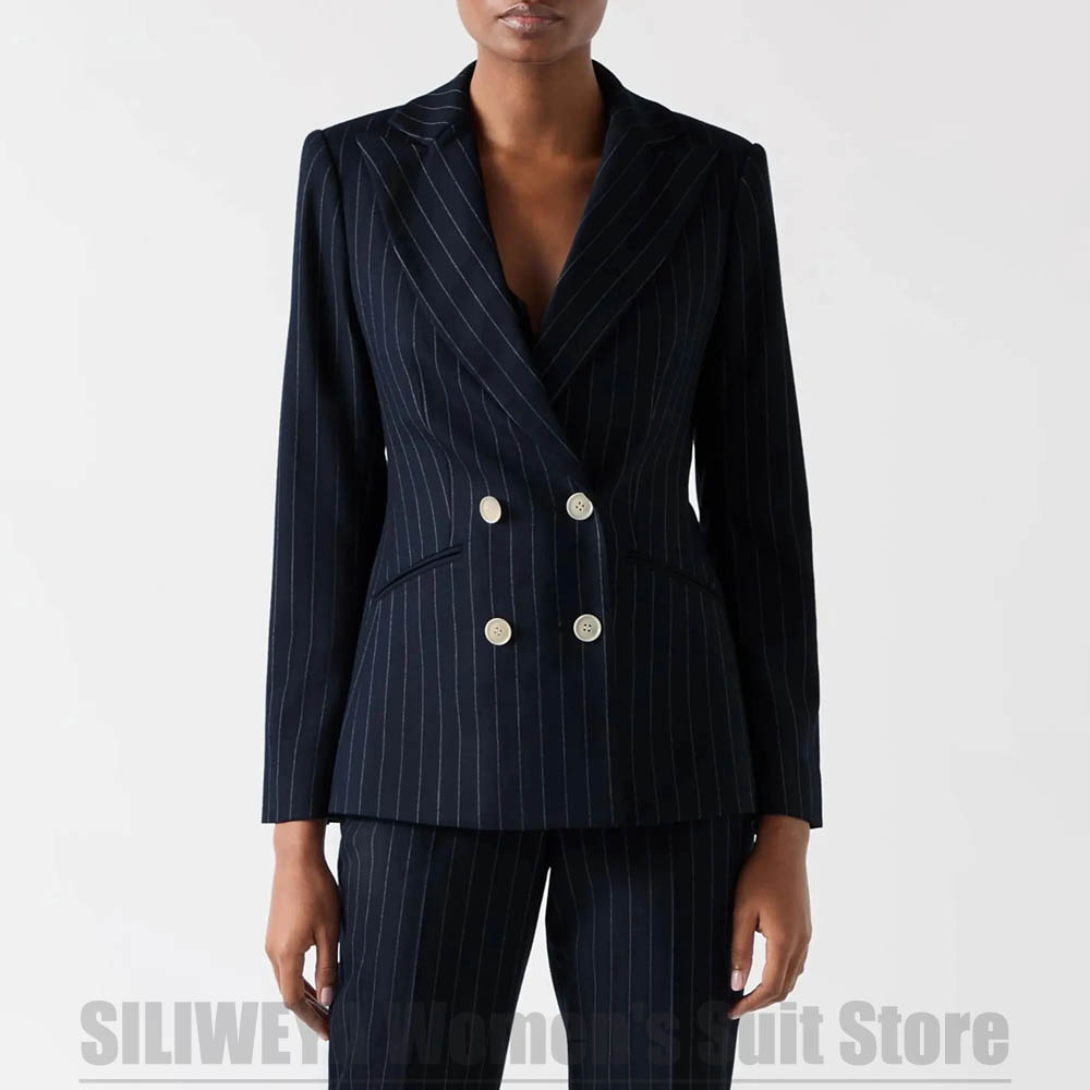 Women Formal Wear For Meeting - Damski granatowy garnitur w paski, dwurzędowa