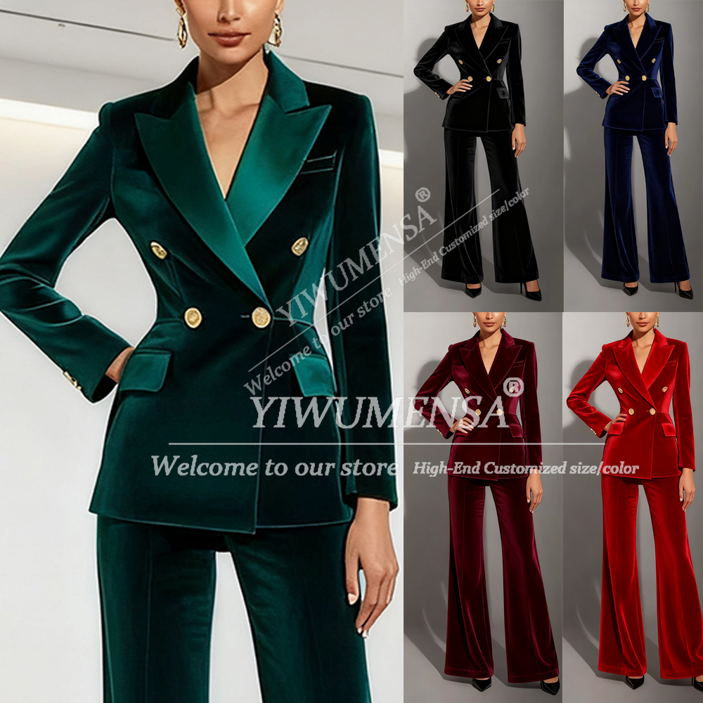 Blazer Set Women Formal - Klasyczne zielone welurowe garnitury damskie na