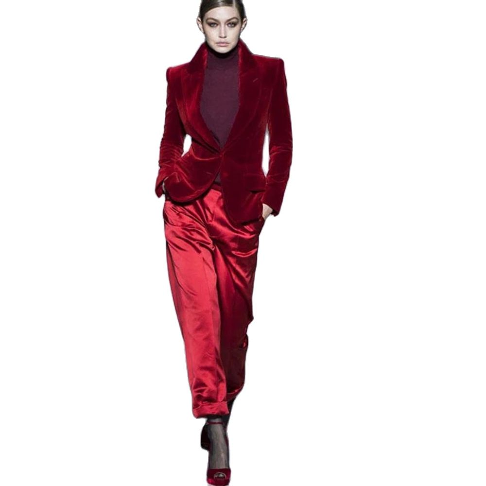 Women'S Formal Wear Wedding - Spodnie damskie garnitury wino czerwone aksamitne