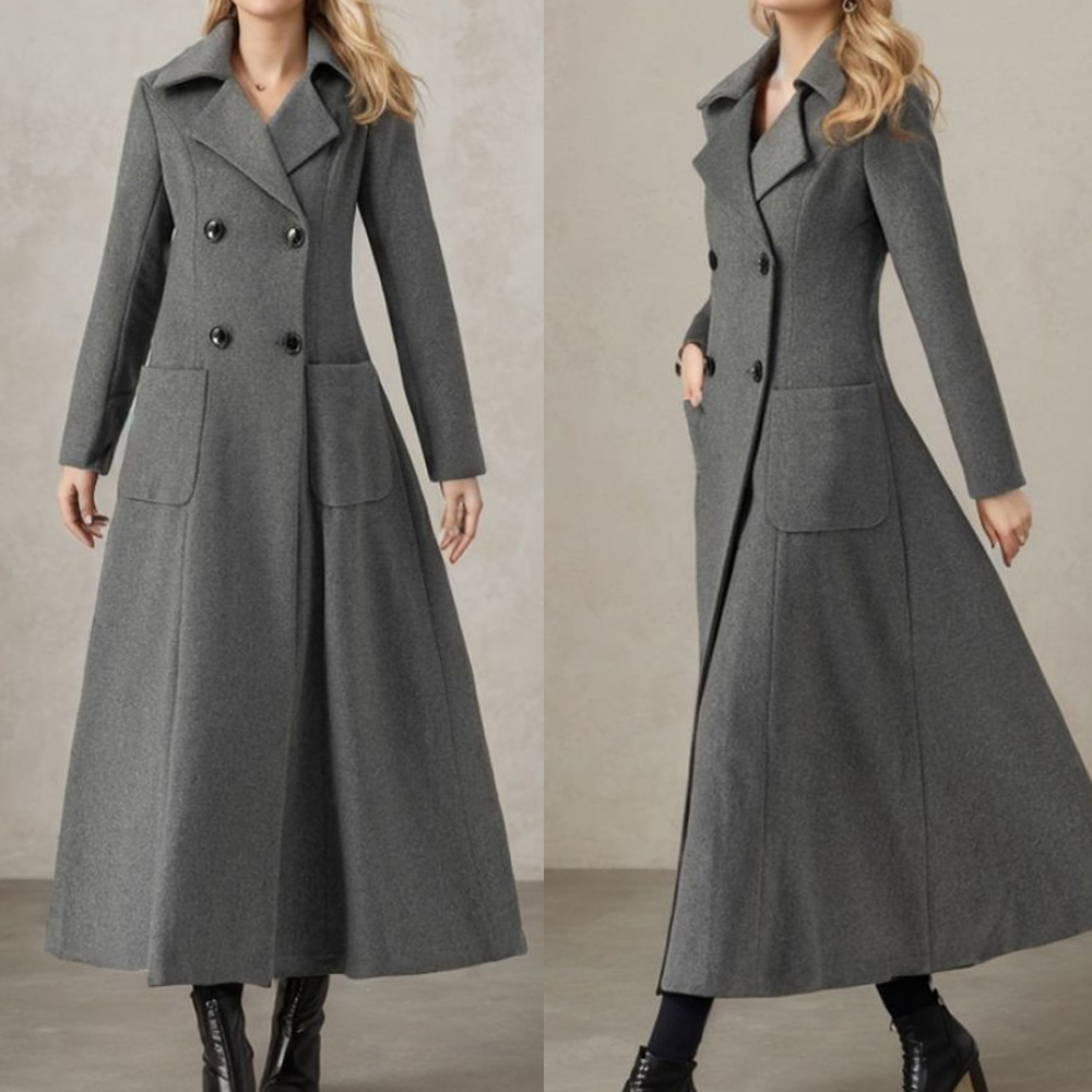 Tailored Coat Wool - Damska szara długa kurtka wełniana dwurzędowa