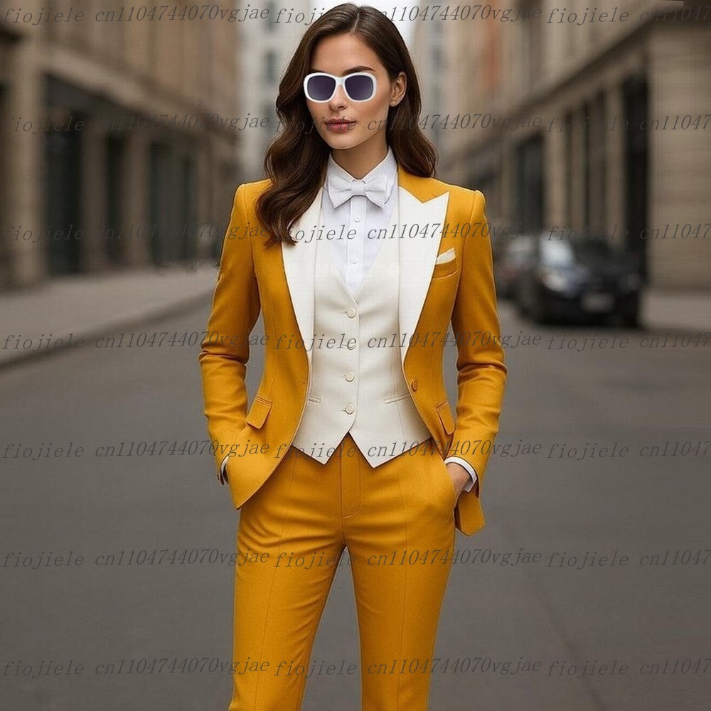 Blazer Set Women Formal - Żółto-biały elegancki garnitur biznesowy damski na